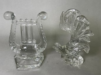 Vintage Art Glass Lyre Harp & Glass Rooster