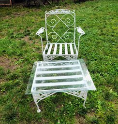 Vintage Wrought Iron White Metal Chair And Glass Table