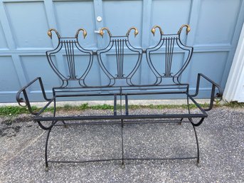 Vintage Wrought Iron Bench Lyre Back With Brass Swan Head And Lion Feet 50x15x36 Lot 1