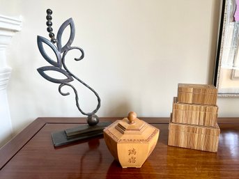 Wooden Nesting Boxes, Metal Sculpture And Chinese Wood Box