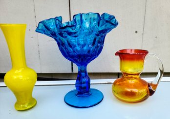 Trio Of Vintage Art Glass Amberina Crackle, Fenton Ruffled Thumbprint And Canary Yelliw