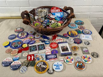 Badges Pin Backs Buttons Basket Full Political Fun Interesting Andy Warhol Kennedy Perot Clinton Vintage