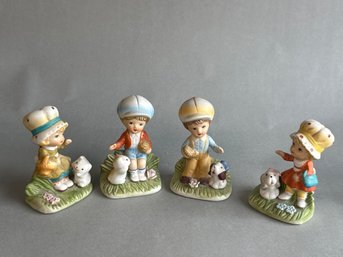 Vintage Homco Porcelain Girl & Boy Figurines With Pets #1430, Set Of Four