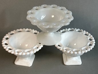 Vintage Milk Glass Candy Dishes With Reticulated Detail
