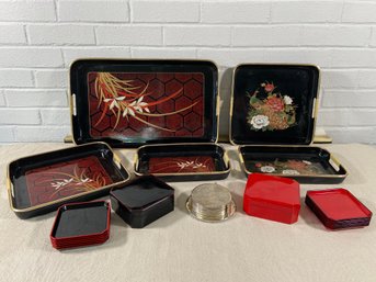 Vintage Black Laquerware Nesting Trays Yamanaka Black And Red And Silverplated Coasters