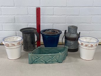 Assorted Plant Pots- Green USA 410 Fence Pot, Galvanized Steel Decor Pitcher Milk Jug, Ceramic Blue Glazed