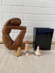 Carved Wood Sculpture Of Lady Sheffield Pottery Vase Clay Duck Chicken Rooster Whistles