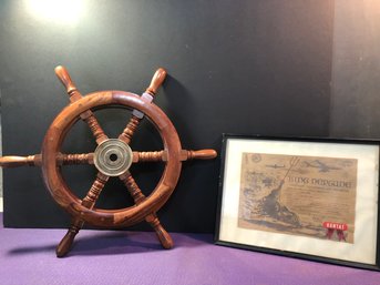 24 Inch Wooden And Brass Hub Ships Wheel, 1962 Certificate Of Navigational Globe Award