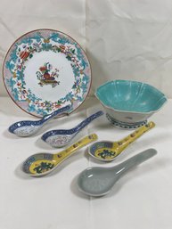 Asian Porcelain Collection,  One 8in Plate, One 6x2.5in Bowl, 5 Miso Soup Spoons