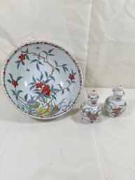 Vintage Porcelain Floral Pattern Bowl And Two Soy Sauce Containers, No Chips