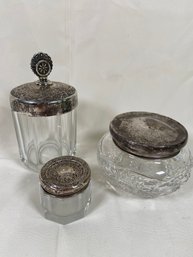 3 Crystal Glass Vanity Jars With Ornate Silver Lids