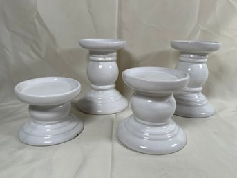 4 Pottery Barn White Ceramic Pillar Candle Holder Stands