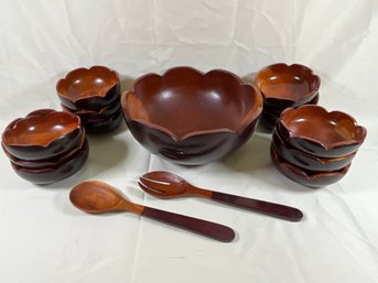 15 Piece MCM Wooden Bowl Set With Matching Serving Spoon And Fork