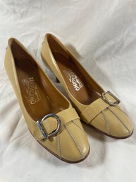 New Salvatore Ferragamo Womens Heels Yellow Leather Shoes Size 5