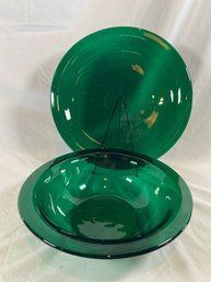 Hand Blown Emerald Green Glass Serving Bowl 12 And Plate 14.25