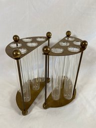2 Brass Stand With Glass Test Tube Bud Vase Holder Made In Hong Kong For Dept. 56 6x3x7' No Chips
