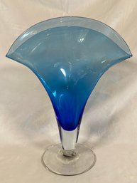 Hand Blown Blue Glass Fan Vase 12in Tall