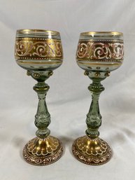 Pair Of Hand Painted Art Nouveau Bohemian Style Wine Glasses 8.5in