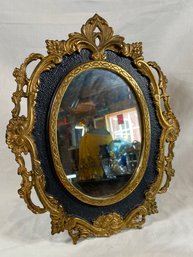 Ornate Brass Tone Cast Iron Frame Oval Table Mirror 10.75x12.5