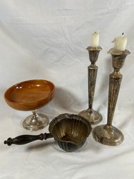 Sterling Silver Collection 2 Candlestick Holders 10', Gorham Chippendale Wood Handle Brandy Warmer 2.5x5.25'x