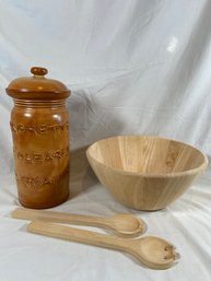 Wood Salad Bowl With Serving Utensils And Ceramic Spaghetti Noodle Canister