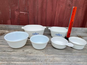 Pyrex Corning Lot 1 - 2 Cornflower Blue Dishes 1.75 & 2.5qt, 2 Unmarked Sm Mixing, French White 500ml & .4L