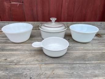 Pyrex French White Dish With Lid 2 Small Mixing Bowls 1 Soup Bowl