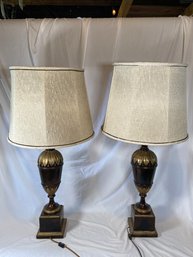 Pair Of Elegant Urn Style Table Lamps 6x6x36' With Bell Shaped Shades 14.5x12x14'