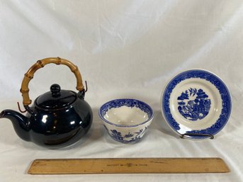 Small Ceramic Tea Pot With Bamboo Handle And Buffalo Oneida 711B Blue Willow Plate And Bowl