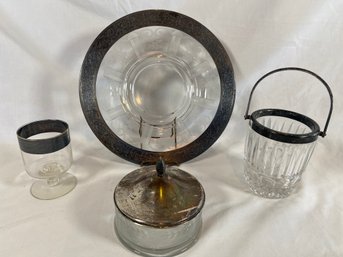 Silver & Clear Etched And Cut Glass Collection Cup With Basket Handle Candy Trinket Dish, Plate, Cordial Glass