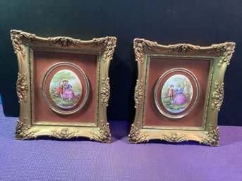 2 Exquisite Ceramic And Porcelain Pieces Of Art, In Ornate Frames, Excellent Shape