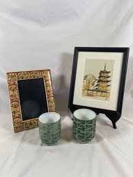 Asian Art Work Framed 7.5x9.5in 2 Interesting Porcelain Cups And A Picture Frame 6x8in