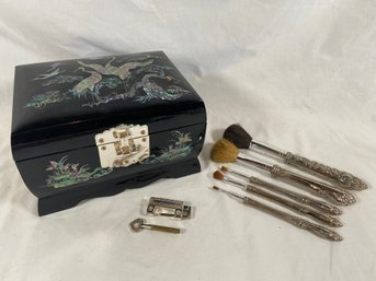 Black Lacquer Musical Jewelry Box Mother Of Pearl Inlay W Lock And Key, 5 Ornate Silver Handled Makeup Brushes