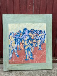 'Street Crowd' Local Artist Jeff Kramer Original Painting On Board Signed J. Kramer 2013 19x21