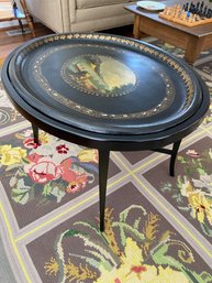 Antique Hand Painted Wood Tray Table Black Lacquer Mother Of Pearl Inlay Butlers Tray31x26x20 Elegant