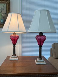 Cranberry Glass  Lamps -Strawberry Shaped On Marble Base , 14x14x26in Rare And Beautiful Working Pair