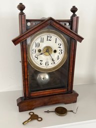 Antique Wooden Desk Alarm Clock With A Winding Key, 8x3.75x12in