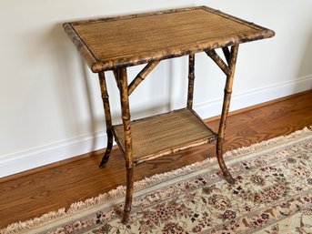 English Victorian Tiger Bamboo Table With Raffia Matting , One Shelf, 27x18.5x29.75in