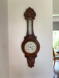 Antique Oak English Thermometer And Barometer 27x2.5x8