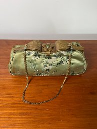 Handbag Has A Brass Etched Frame With Flower Clasp Circa 1950's Redone With Asian Brocade Fabric, 9.5x4.25x3in