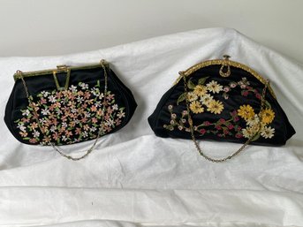 Vintage Black Silk Handbags With Custom Silk Ribbon Embroudery With Frames Circa 1930's,