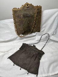 Two Vintage Handbags, One German Silver Mesh Purse 7x6in And A Tapestry Petitpoint Handbag 6.5x7.5in (london?)