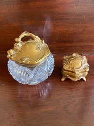 Cut Glass Jar With Brass Ornate Leaf Lid And Matching Small Brass Trinket Box