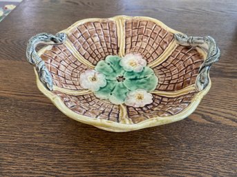 Majolica Footed Bowl Floral With Snake Handles 10x4