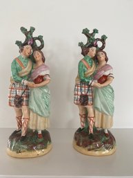 Pair Staffordshire Figurines 3x9.5x3 Man In Kilt With His Woman Rare To Have A Pair And Chip Free