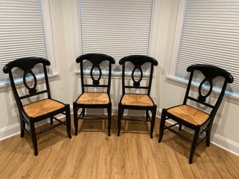 Four Pottery Barn Black Painted Wood Chairs 18x37x19 With Cane Seats