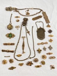 Wow Incredible Costume Jewerly Lot 6 Watch Chains Coin Holder Pins Mini Purse