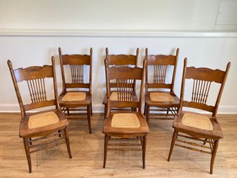 Antique Quarter Sawn Oak Chairs  17x40x20 Cane Seat Hand Carved Details Spindle Backs