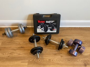 5 Dumbell Sets 40lb York Chrome Bars, 5lbs Purple Barbells, Billard Vintage 12lbs Plus Bar