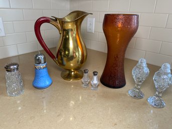 Italian Brass Pitcher Vase With Wood Handle, Floral Etched Amber Glass Vase 2 S&P And 2 Sugar Shakers